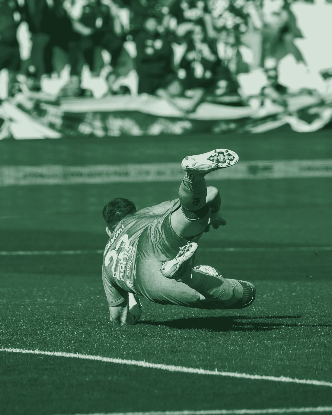 Keeper tijdens een wedstrijd, illustratiebeeld in groene bewerking