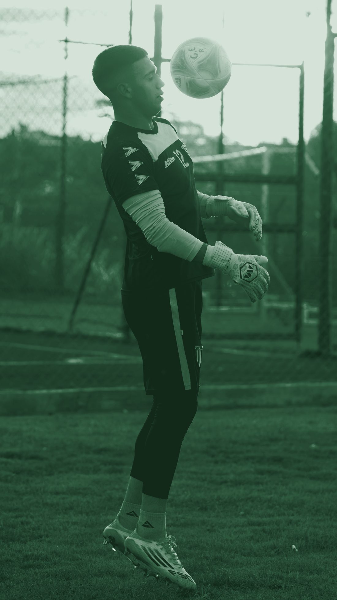 Keeper neemt de bal aan op een trainingsveld in avondlicht, illustratiebeeld bewerkt naar de groene huisstijl